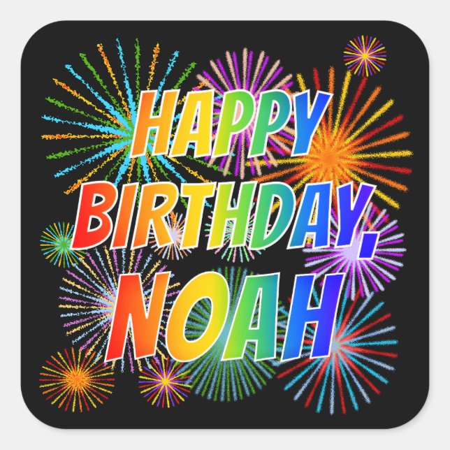Sticker Carré Prénom "NOAH", Amusant "HEUREUX ANNIVERSAIRE" (Devant)