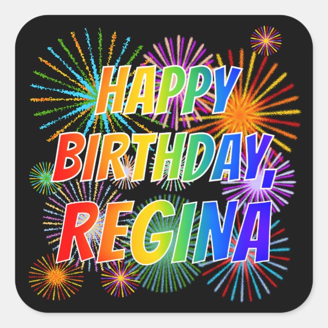 Sticker Carré Prénom "REGINA", Amusant "HEUREUX ANNIVERSAIRE" (Devant)