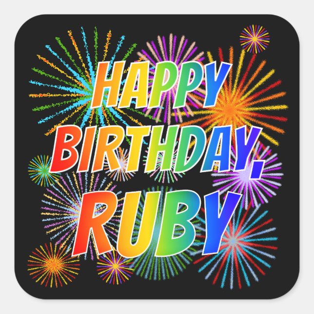 Sticker Carré Prénom "RUBY", Amusant "HEUREUX ANNIVERSAIRE" (Devant)