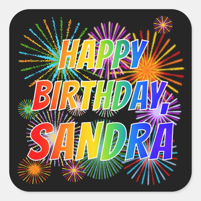 Sticker Carré Prénom "SANDRA", Amusant "HEUREUX ANNIVERSAIRE" (Devant)