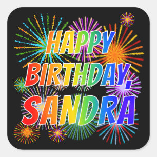 Sticker Carré Prénom "SANDRA", amusant "HEUREUX ANNIVERSAIRE"