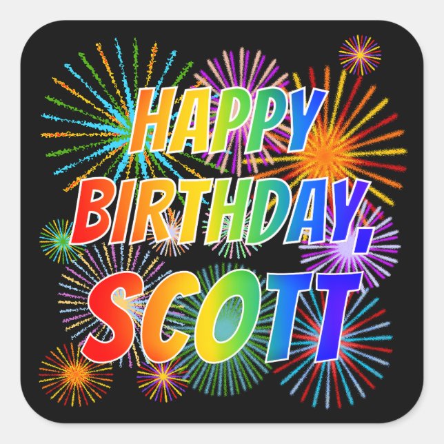 Sticker Carré Prénom "SCOTT", Amusant "HEUREUX ANNIVERSAIRE" (Devant)