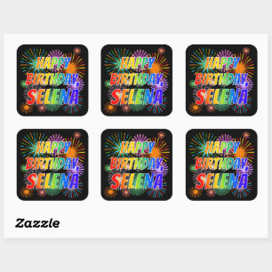 Sticker Carré Prénom "SELENA", Fun "HEUREUX ANNIVERSAIRE"