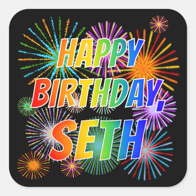 Sticker Carré Prénom "SETH", Amusant "HEUREUX ANNIVERSAIRE" (Devant)