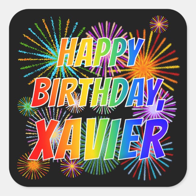 Sticker Carré Prénom "XAVIER", Amusant "HEUREUX ANNIVERSAIRE" (Devant)