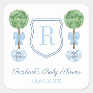 Sticker Carré Préppy Blue Monogram Boxwood Baby shower Favorise