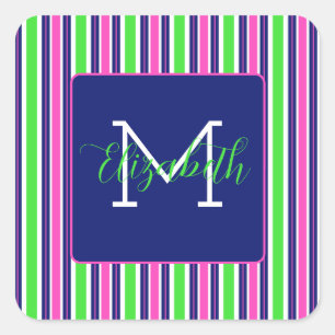 Sticker Carré Preppy rose Green Navy Bleu Stripe Monogramme