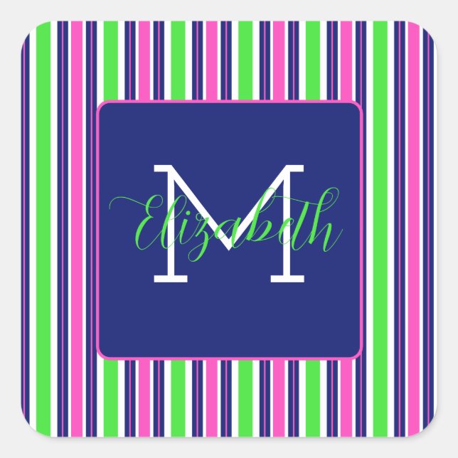 Sticker Carré Preppy rose Green Navy Bleu Stripe Monogramme (Devant)