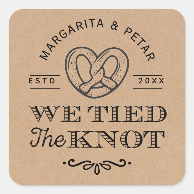 Sticker Carré Pretzel Nous Avons Lié Le Mariage Merci Kraft (Devant)