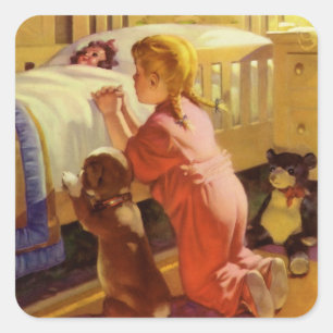 Sticker Carré Prières du coucher, Fille avec chiot, Religion vin