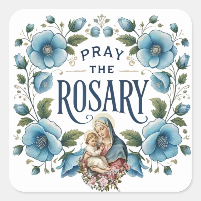 Sticker Carré Priez le Rosaire Bleu Floral Vierge Marie Jésus (Devant)