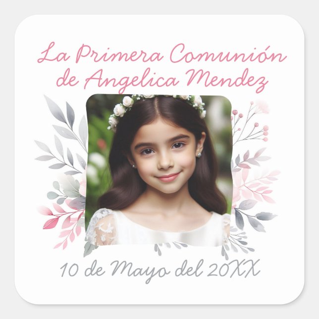 Sticker Carré Primera Comunión con Foto y Flores Espagnol (Devant)