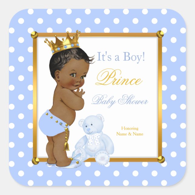 Sticker Carré Prince Baby shower Boy Blue Polka Dot Ethnique (Devant)