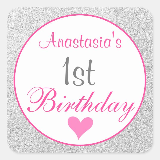 Sticker Carré Princess Pink & Silver Parties scintillant 1er ann (Devant)