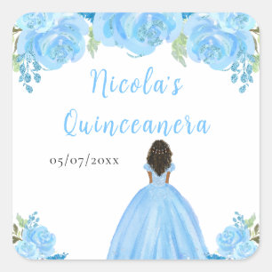 Sticker Carré Princesse à la peau foncée Fleurs bleues Quinceane