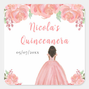 Sticker Carré Princesse à la peau foncée Fleurs roses Quinceaner