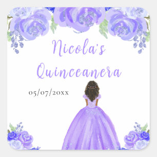 Sticker Carré Princesse à la peau foncée Fleurs violettes Quince