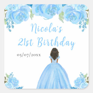 Sticker Carré Princesse à peau foncée Fête d'anniversaire floral