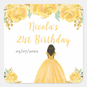 Sticker Carré Princesse à peau foncée Fête d'anniversaire floral