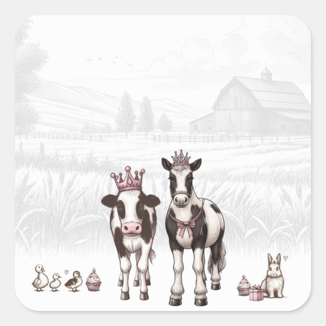 Sticker Carré Princesse Animaux Fête d'anniversaire (Devant)