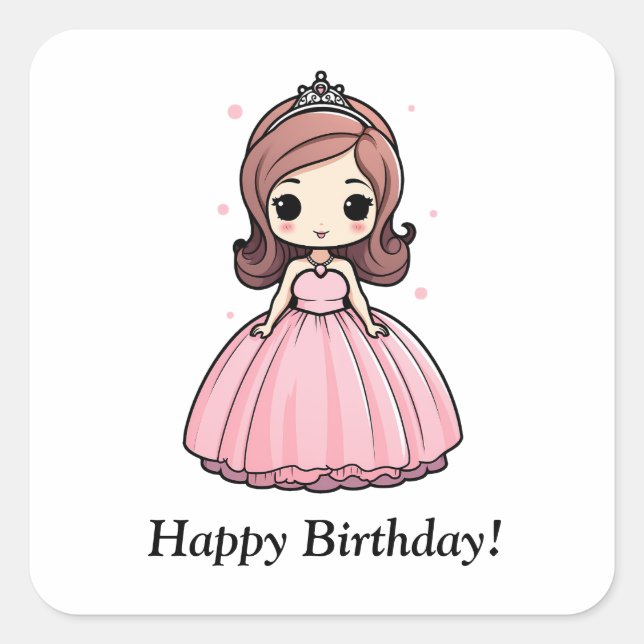 Sticker Carré Princesse Anniversaire Pink Gown mignon Cartoon (Devant)