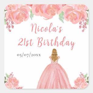 Sticker Carré Princesse aux Cheveux Blonds Fête d'Anniversaire F