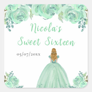 Sticker Carré Princesse aux Cheveux Blonds Fleur Menthe Douze an