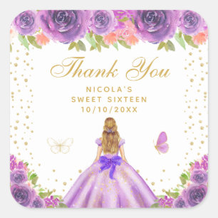 Sticker Carré Princesse aux Cheveux Blonds Fleur Violette Sweet