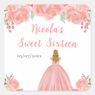 Sticker Carré Princesse aux Cheveux Blonds Fleurs Florales Roses