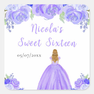 Sticker Carré Princesse aux Cheveux Blonds Fleurs Florales Viole