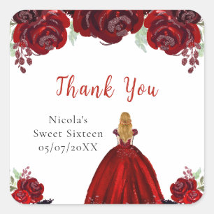Sticker Carré Princesse aux Cheveux Blonds Fleurs Rouges Florale