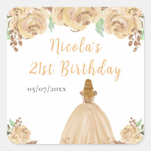 Sticker Carré Princesse aux cheveux blonds Peach Fleurie Fête d'