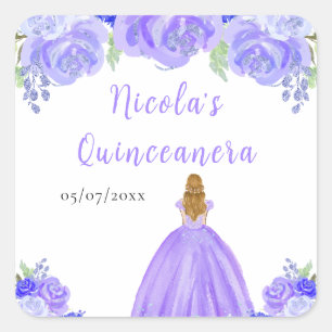 Sticker Carré Princesse aux Cheveux Blonds Quinceanera Floral Vi