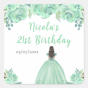 Sticker Carré Princesse aux Cheveux Bruns Fête d'Anniversaire Fl