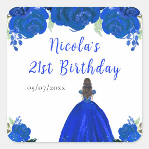 Sticker Carré Princesse aux Cheveux Bruns Fête d'Anniversaire Fl
