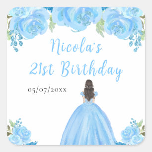 Sticker Carré Princesse aux Cheveux Bruns Fête d'Anniversaire Fl
