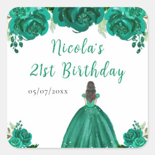 Sticker Carré Princesse aux Cheveux Bruns Fête d'Anniversaire Fl