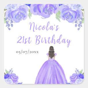 Sticker Carré Princesse aux Cheveux Bruns Fête d'Anniversaire Fl