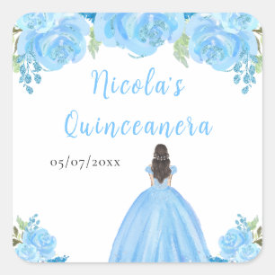 Sticker Carré Princesse aux Cheveux Bruns Fleur Quinceanera Bleu