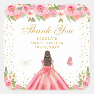 Sticker Carré Princesse aux cheveux bruns Fleur rose Sweet Sixte