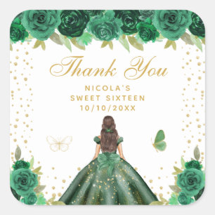Sticker Carré Princesse aux Cheveux Bruns Fleur Verte Sweet Sixt