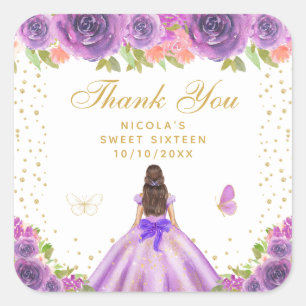 Sticker Carré Princesse aux Cheveux Bruns Fleur Violette Sweet S