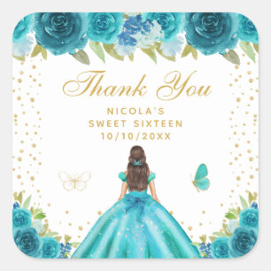 Sticker Carré Princesse aux Cheveux Bruns Fleuris Turquoise Swee