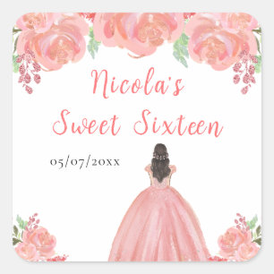 Sticker Carré Princesse aux Cheveux Bruns Fleurs Florales Roses