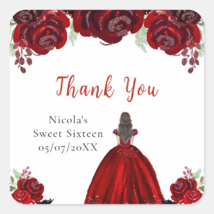 Sticker Carré Princesse aux Cheveux Bruns Fleurs Florales Rouges