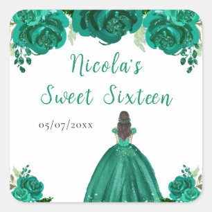 Sticker Carré Princesse aux Cheveux Bruns Fleurs Florales Vertes