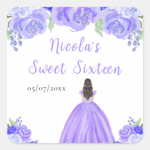 Sticker Carré Princesse aux Cheveux Bruns Fleurs Florales Violet