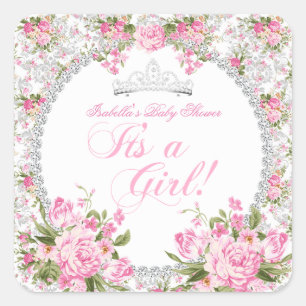 Sticker Carré Princesse Baby shower fille Rose Vintage Floral