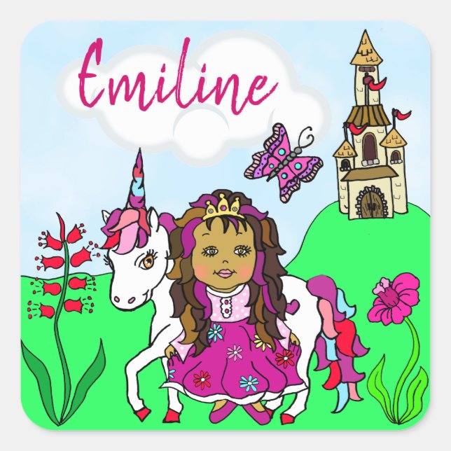 Sticker Carré Princesse et Château Unicorn personnalisés (Devant)