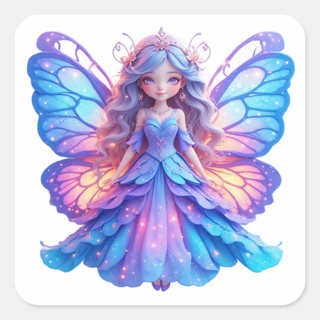 Sticker Carré Princesse fée magique avec aile papillon brillante (Devant)